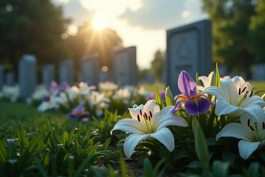 white lilies and purple irises